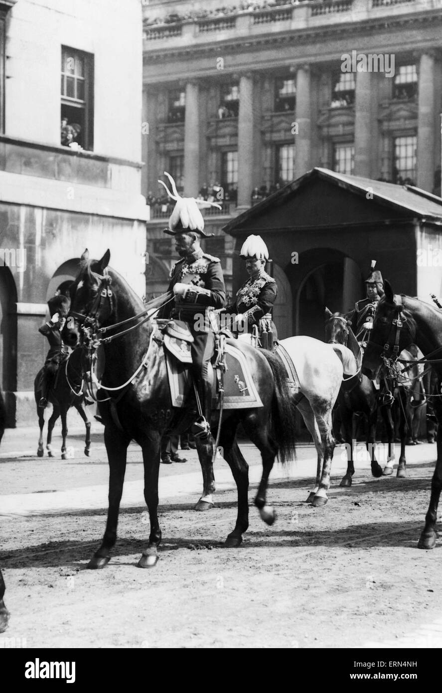 King George, Kaiser Willhelm II of Germany and The Duke of Connaught at the funeral of King Edward VII. Edward died at Sandringham on May 6, 1910, after a series of heart attacks. His coffin lay in state in Westminster Hall before being taken through the streets of London and on to Windsor by train.  The funeral was held in St George's Chapel where he was buried on May 20th 1910. Stock Photo