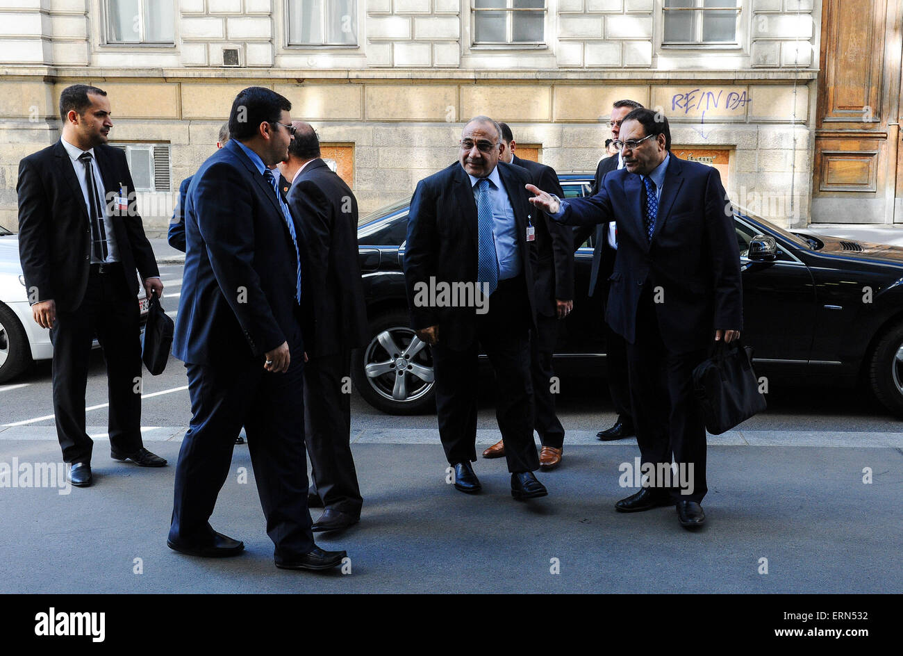 Vienna, Austria. 5th June, 2015. Iraqi Minister of Oil Adel Abdul Mahdi (C) arrives for the 167th Ministerial Meeting of the Organization of the Petroleum Exporting Countries (OPEC) at the headquarters of OPEC in Vienna, Austria, June 5, 2015. Credit:  Qian Yi/Xinhua/Alamy Live News Stock Photo