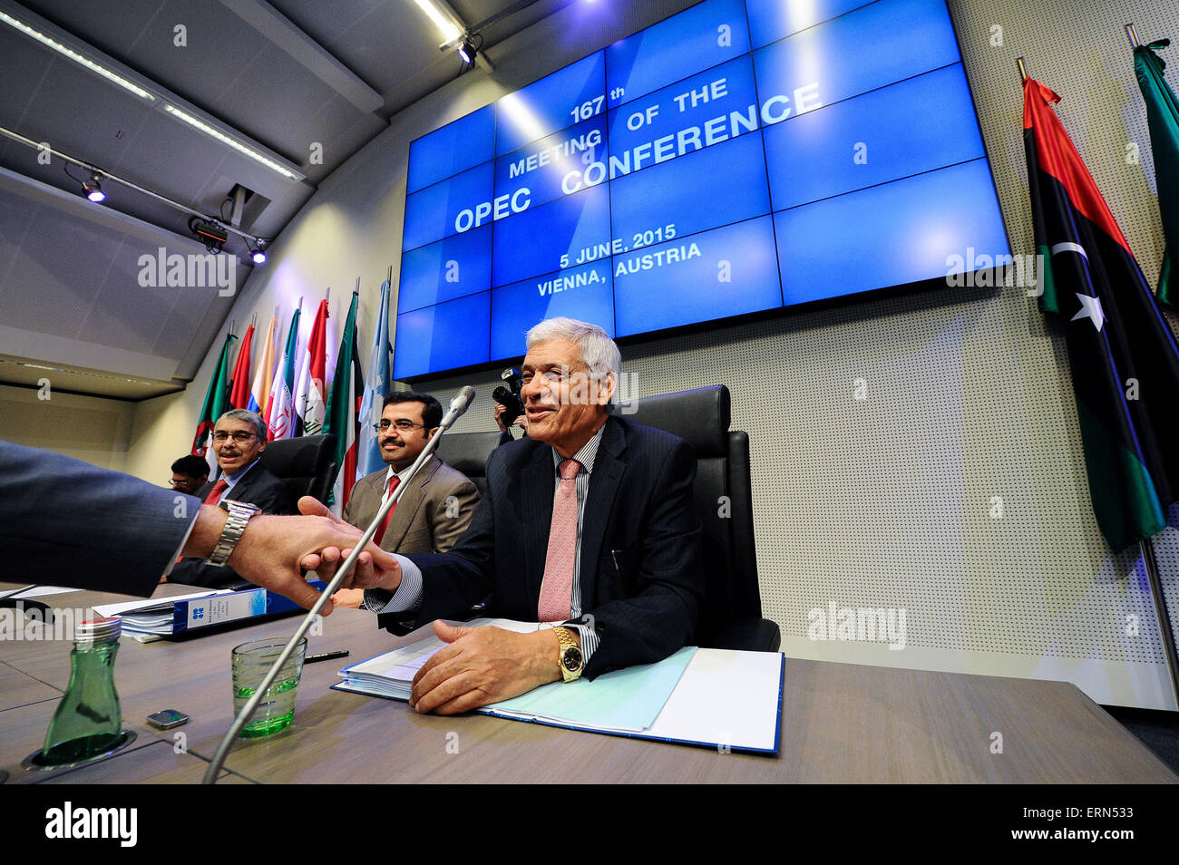 Vienna, Austria. 5th June, 2015. OPEC Secretary General Abdullah al-Badri (C) speaks to journalists before the 167th Ministerial Meeting of the Organization of the Petroleum Exporting Countries (OPEC) at the headquarters of OPEC in Vienna, Austria, June 5, 2015. Credit:  Qian Yi/Xinhua/Alamy Live News Stock Photo