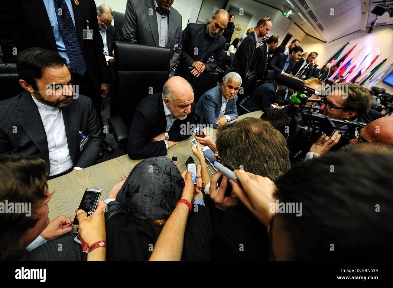 Vienna, Austria. 5th June, 2015. Iran's Minister of Petroleum Bijan Namdar Zangeneh (C) speaks to journalists before the 167th Ministerial Meeting of the Organization of the Petroleum Exporting Countries (OPEC) at the headquarters of OPEC in Vienna, Austria, June 5, 2015. Credit:  Qian Yi/Xinhua/Alamy Live News Stock Photo
