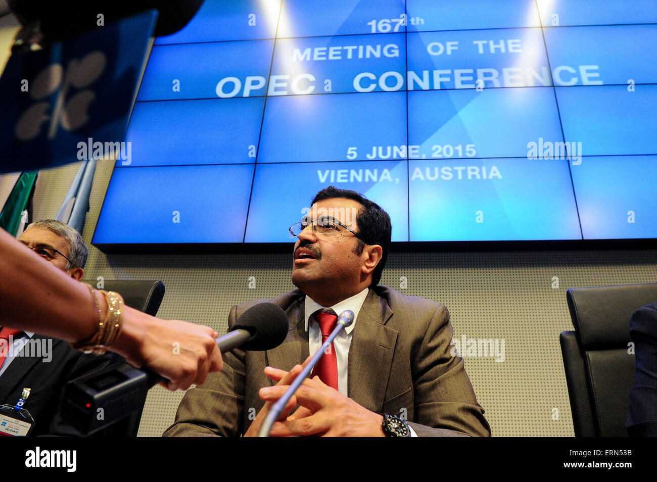 Vienna, Austria. 5th June, 2015. Mohammed Bin Saleh Al-Sada, Minister of Energy and Industry of Qatar, speaks to journalists before the 167th Ministerial Meeting of the Organization of the Petroleum Exporting Countries (OPEC) at the headquarters of OPEC in Vienna, Austria, June 5, 2015. Credit:  Qian Yi/Xinhua/Alamy Live News Stock Photo