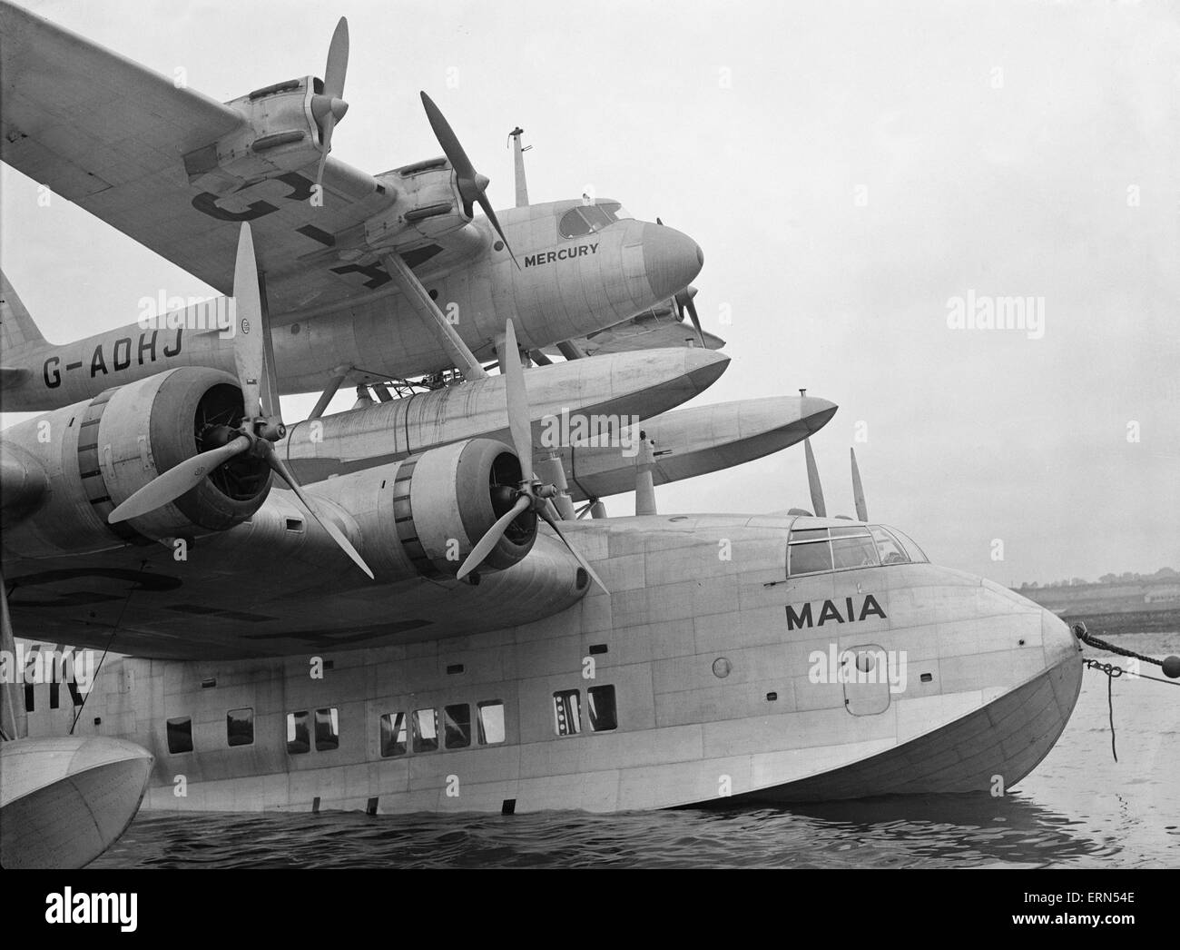 The Short-Mayo composite aircraft comprised the Short S.21 Maia, (G-ADHK) which was a variant of the Short 'C-Class' Empire flying-boat fitted with a trestle or pylon on the top of the fuselage to support the Short S.20 Mercury(G-ADHJ) seen here in the Medway Stock Photo