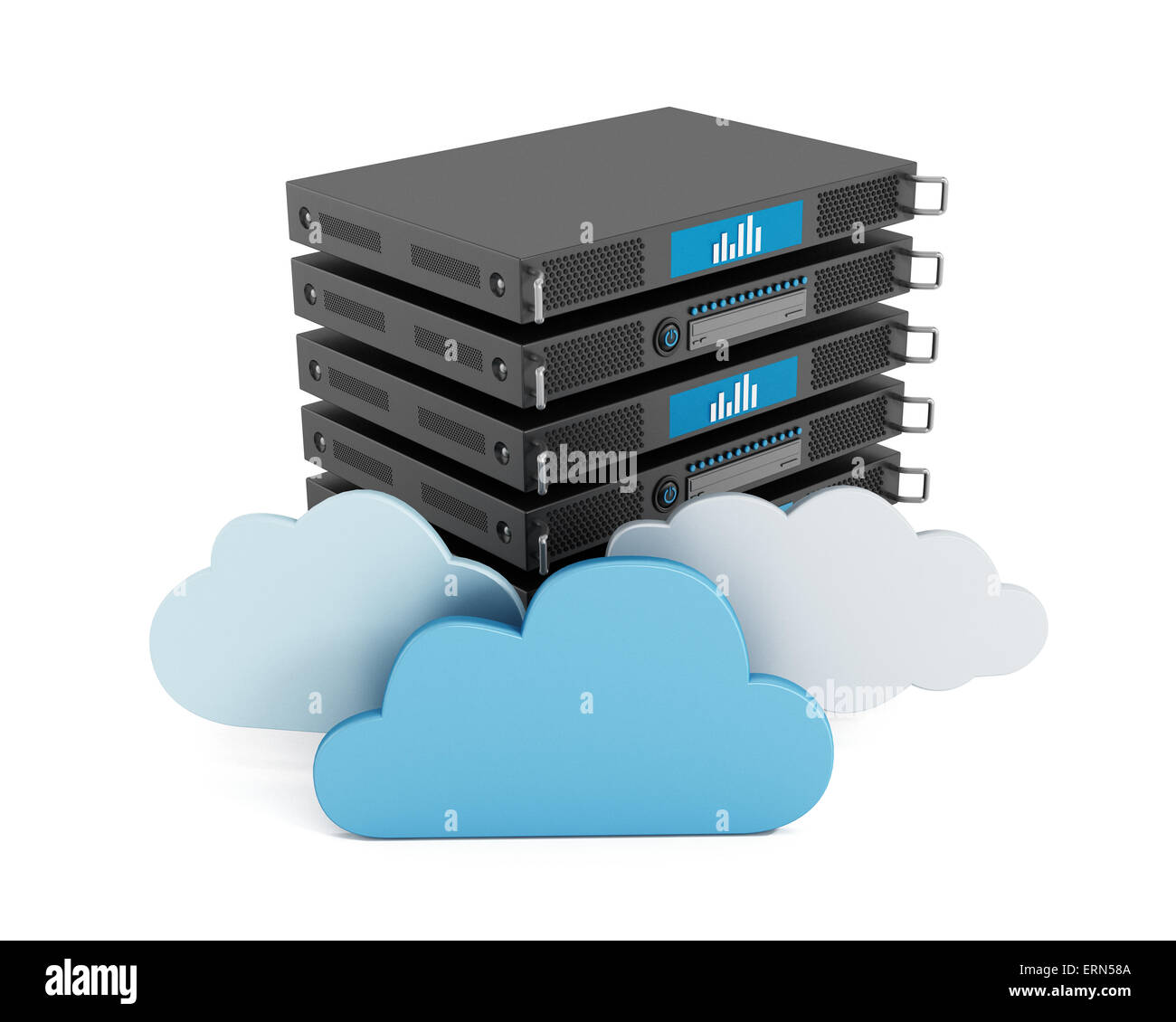 Cloud computing concept with server rack and cloud shapes Stock Photo