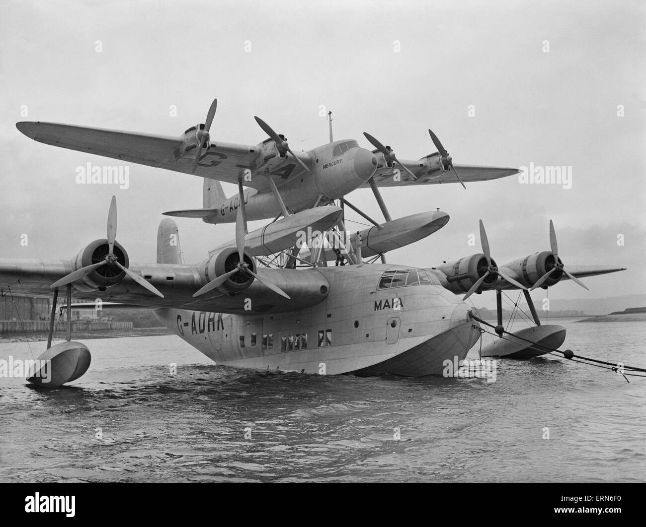 The Short-Mayo composite aircraft comprised the Short S.21 Maia, (G-ADHK) which was a variant of the Short 'C-Class' Empire flying-boat fitted with a trestle or pylon on the top of the fuselage to support the Short S.20 Mercury(G-ADHJ) seen here in the Medway Stock Photo