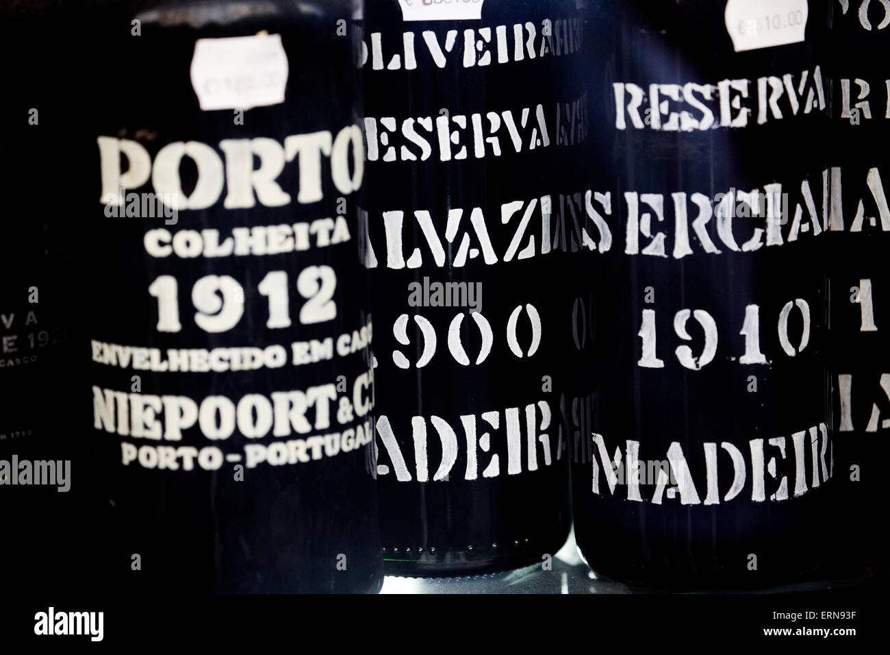Dated vintage Bottles of port for sale Lisbon Portugal Stock Photo