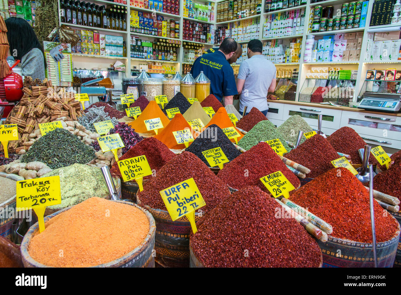 Colorful spices on sale at Spice Bazaar or Egyptian Bazaar, Istanbul, Turkey Stock Photo