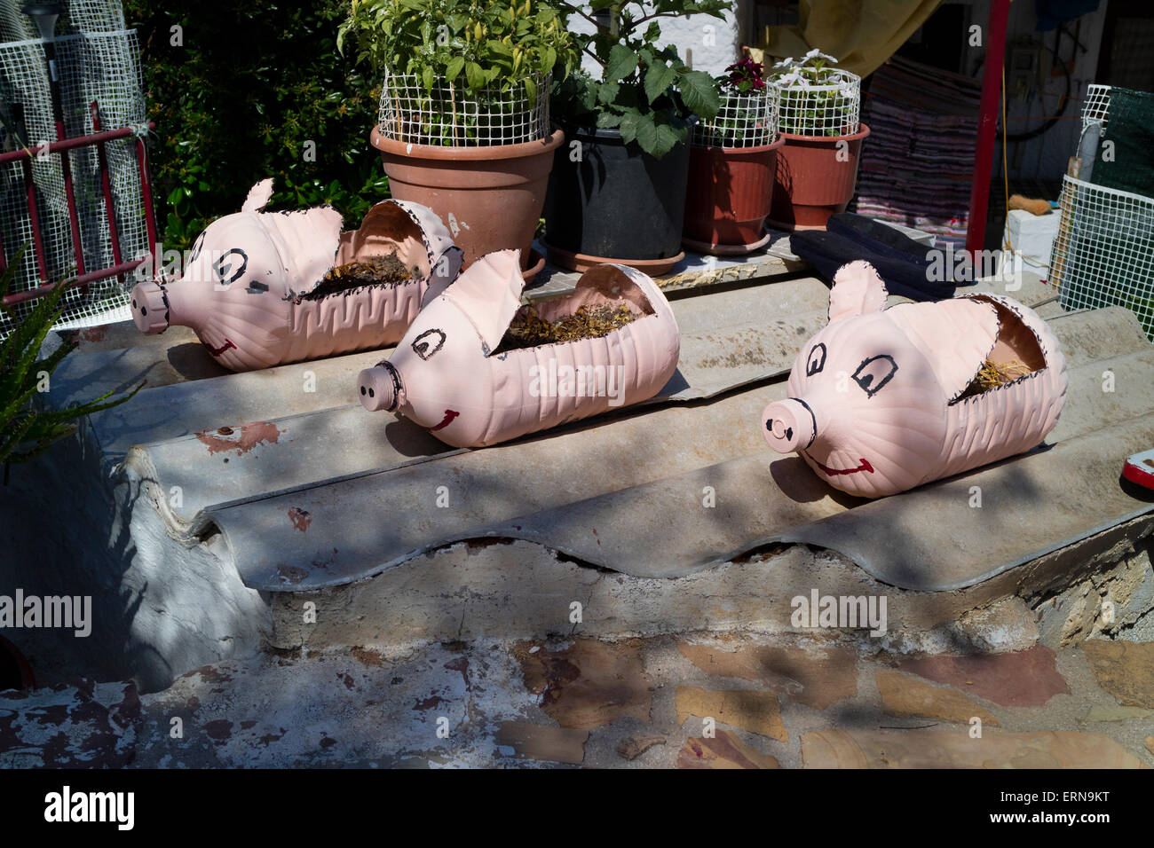 Recycled bottles as homemade planters in Mega Limnionas on the isle of Chios, Greece Stock Photo