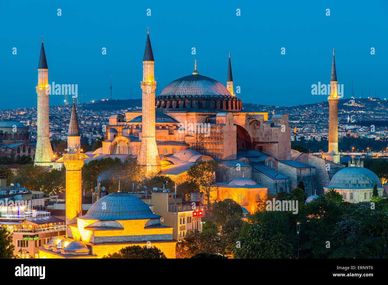 Night top view over Hagia Sophia, Sultanahmet, Istanbul, Turkey Stock Photo