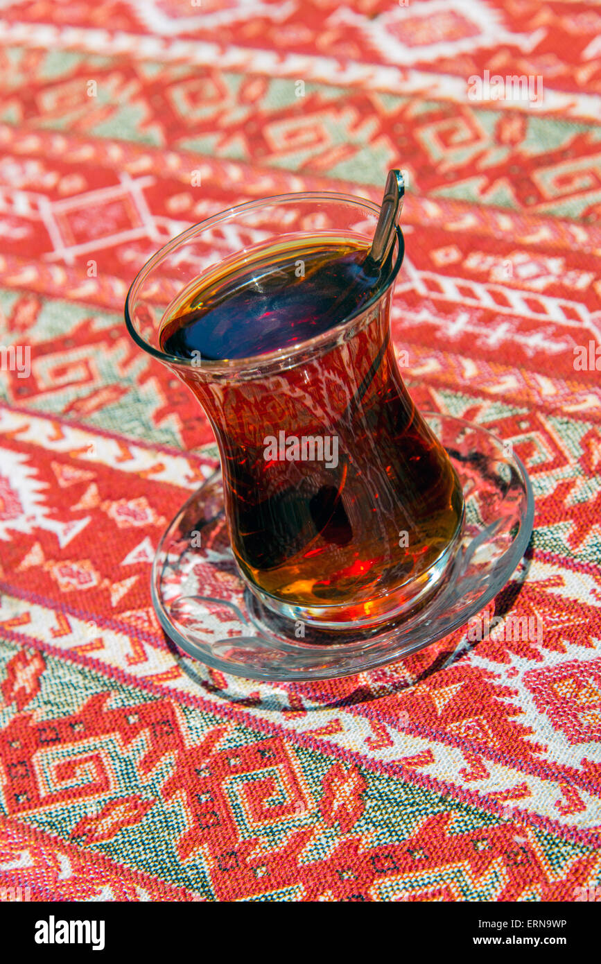 Turkish tea served in the typical tulip shaped glass Stock Photo
