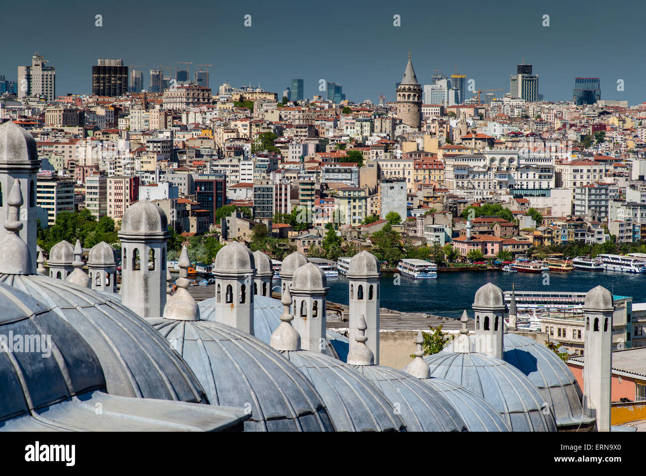 City skyline from Suleymaniye mosque complex with Golden Horn and Galata district behind, Istanbul, Turkey Stock Photo