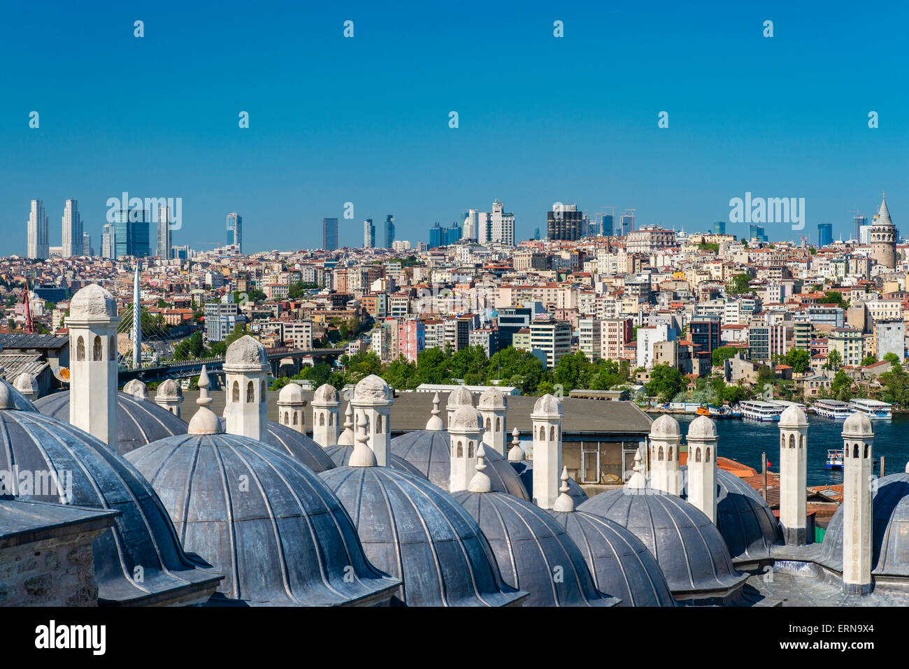 City skyline from Suleymaniye mosque complex with Golden Horn and Galata district behind, Istanbul, Turkey Stock Photo