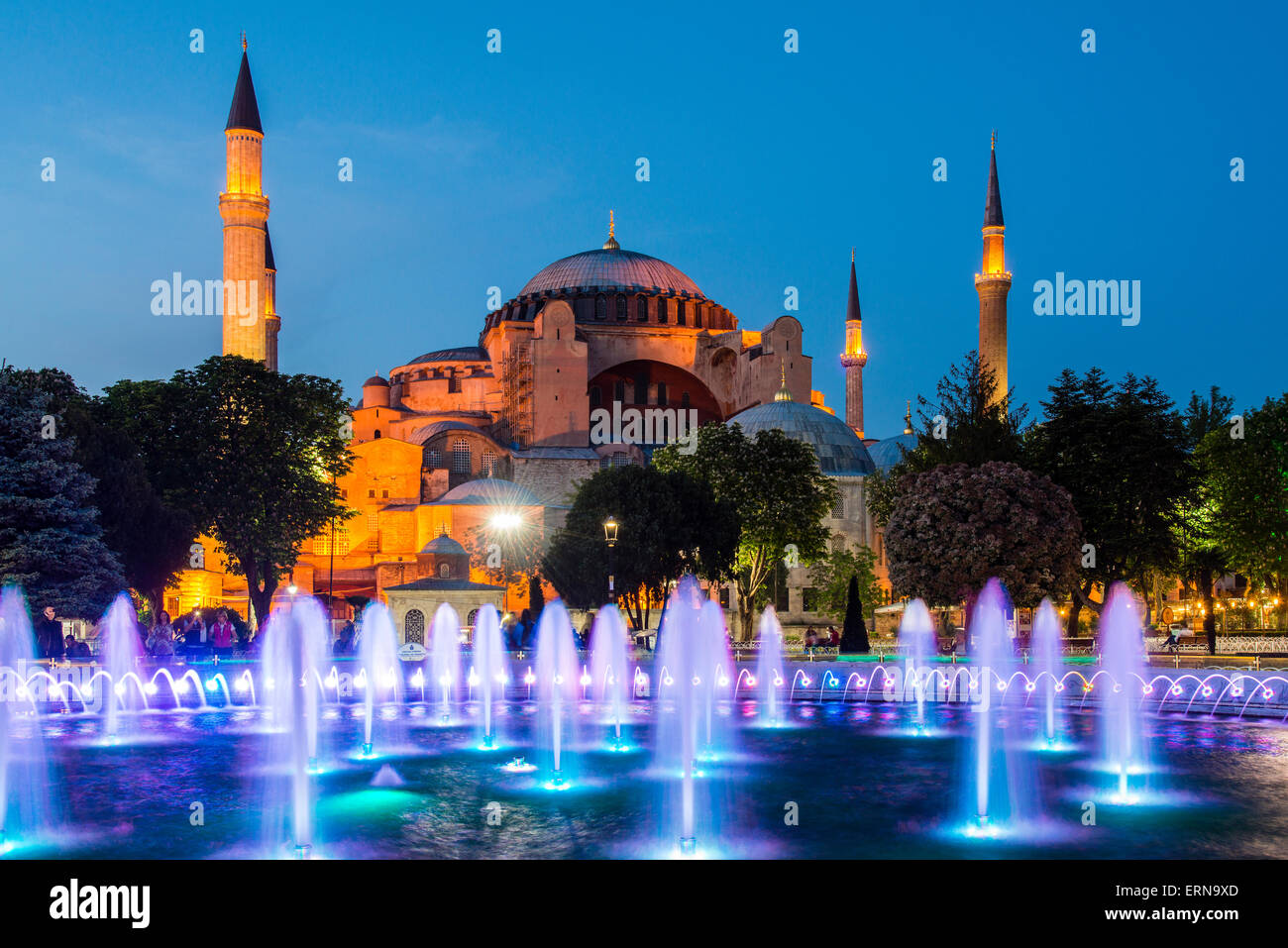 Night view of fountain light show with Hagia Sophia behind, Sultanahmet, Istanbul, Turkey Stock Photo