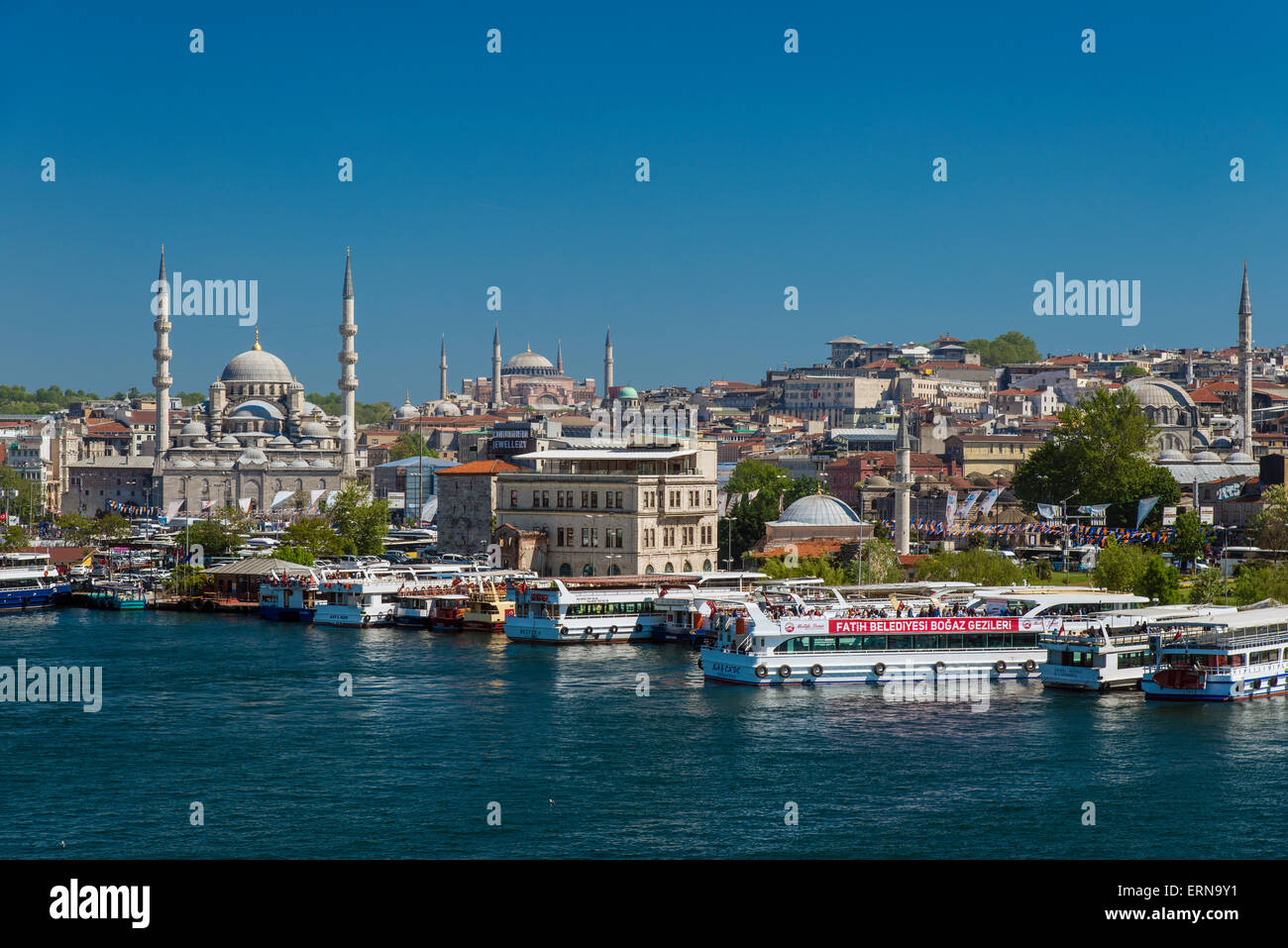 City skyline with Yeni Cami or New Mosque and Hagia Sophia, Istanbul, Turkey Stock Photo