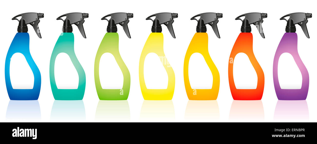 Spray bottles - colorful variations with blank labels. Stock Photo