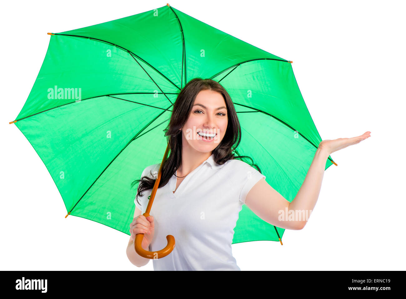 portrait of a smiling happy girl with a green umbrella isolated Stock ...