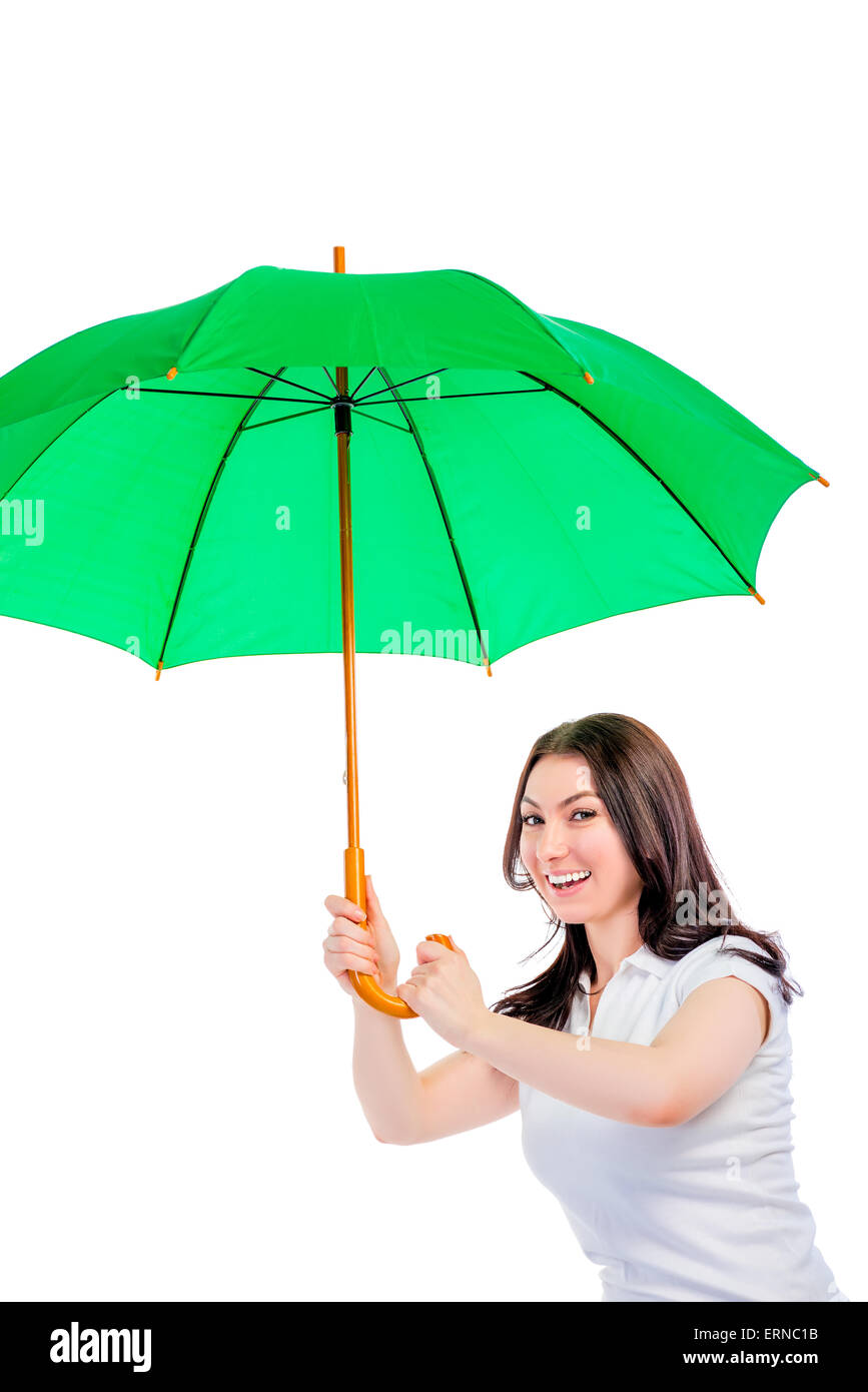 beautiful woman covers from the rain umbrella Stock Photo