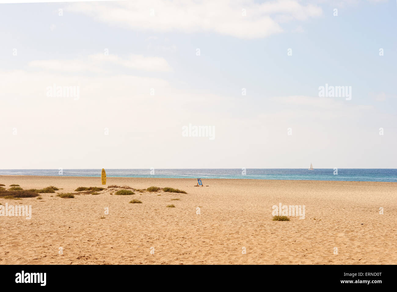 View of surfboard looking out to Atlantic from beach on Sal, Cape Verde Stock Photo