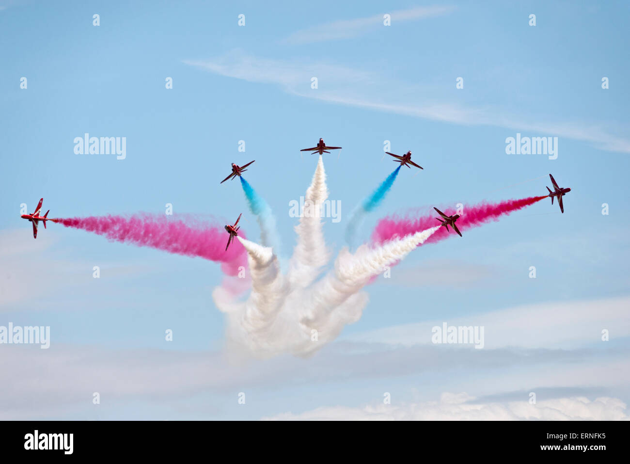 Red Arrows air display  Families Day Raf Valley 2015 Anglesey North Wales Uk Stock Photo