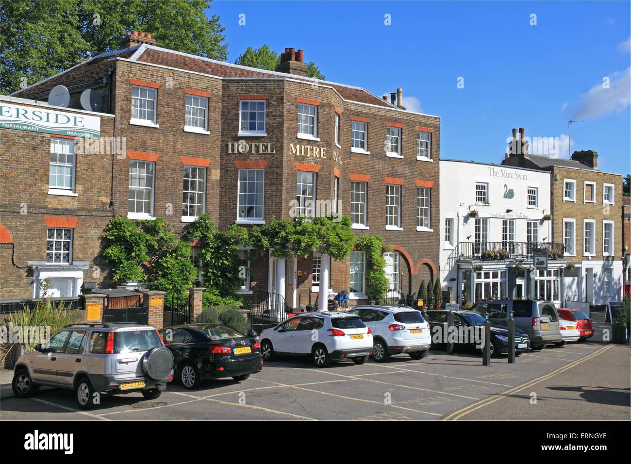 Mitre Hotel and Mute Swan, Hampton Court, East Molesey, Surrey, England, Great Britain, United Kingdom, UK, Europe Stock Photo