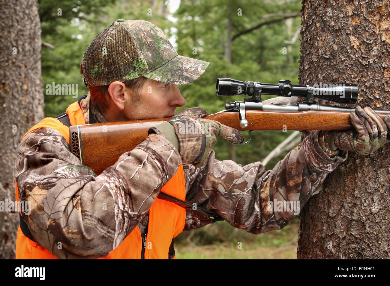 adult hunter aiming deer rifle in forest close-up Stock Photo