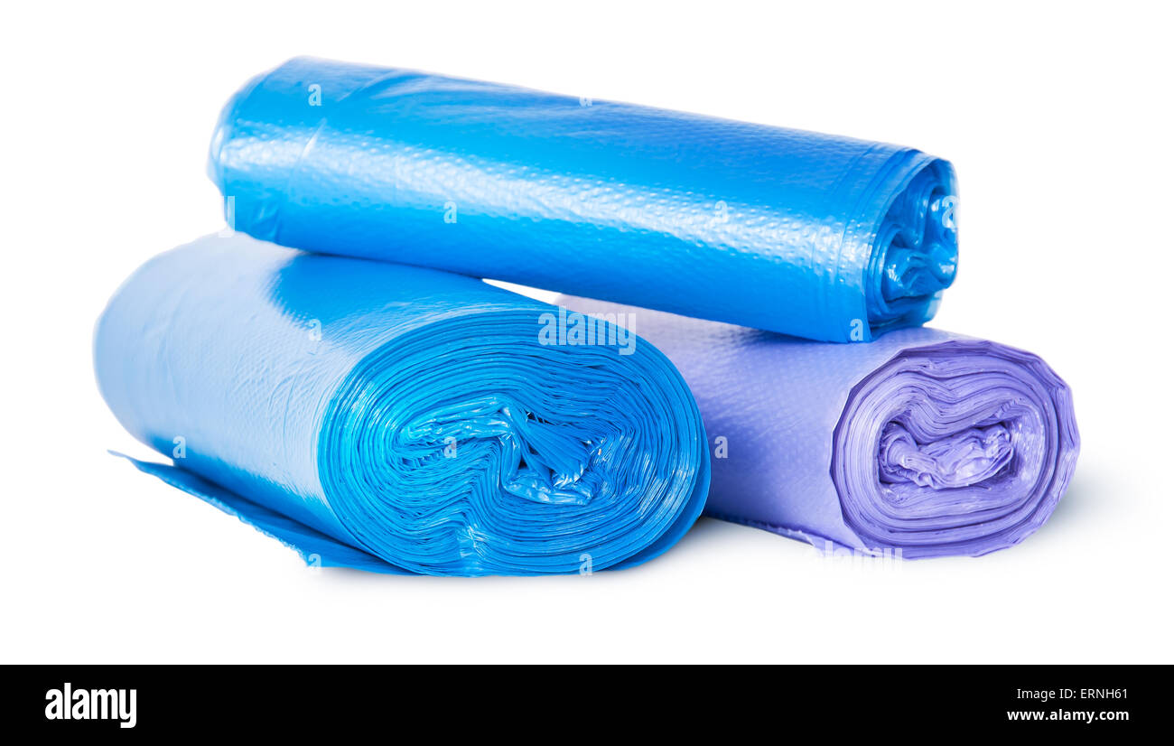Multicolored rolls of plastic garbage bags isolated on white background Stock Photo