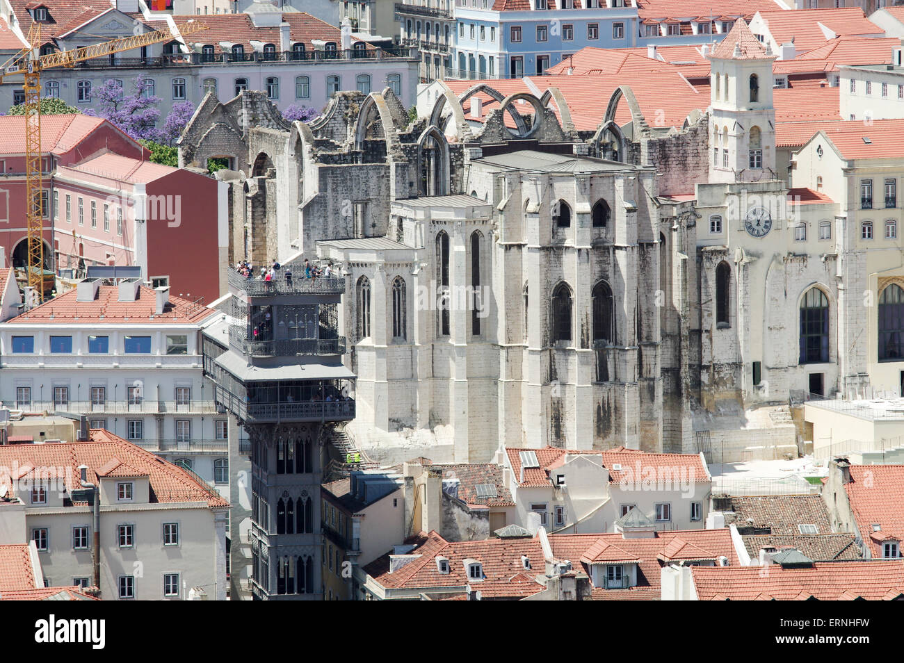 Lisbon from above: view of Elevador de Santa Justa and Carmo Convent from Castelo de São Jorge Stock Photo