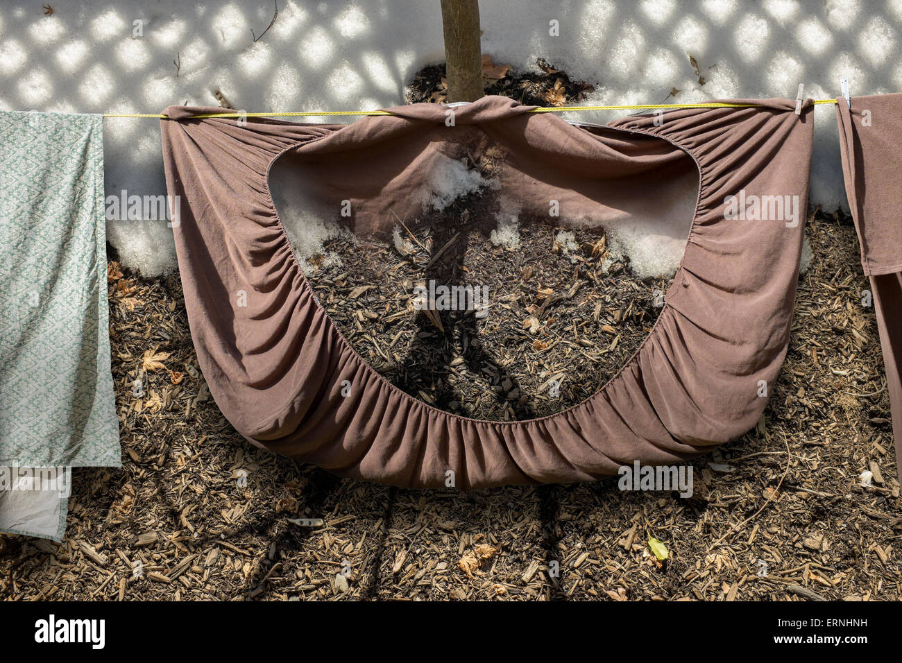 Laundry Sheets Hanging over Snow and Mulch Stock Photo