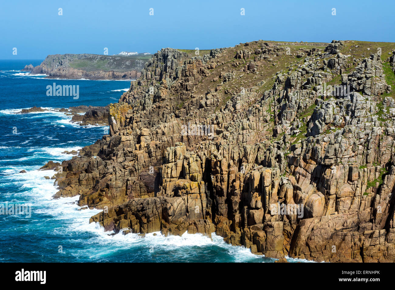 The rugged granite cliffs along the cornish coastline near Lands end in Cornwall, England, UK Stock Photo
