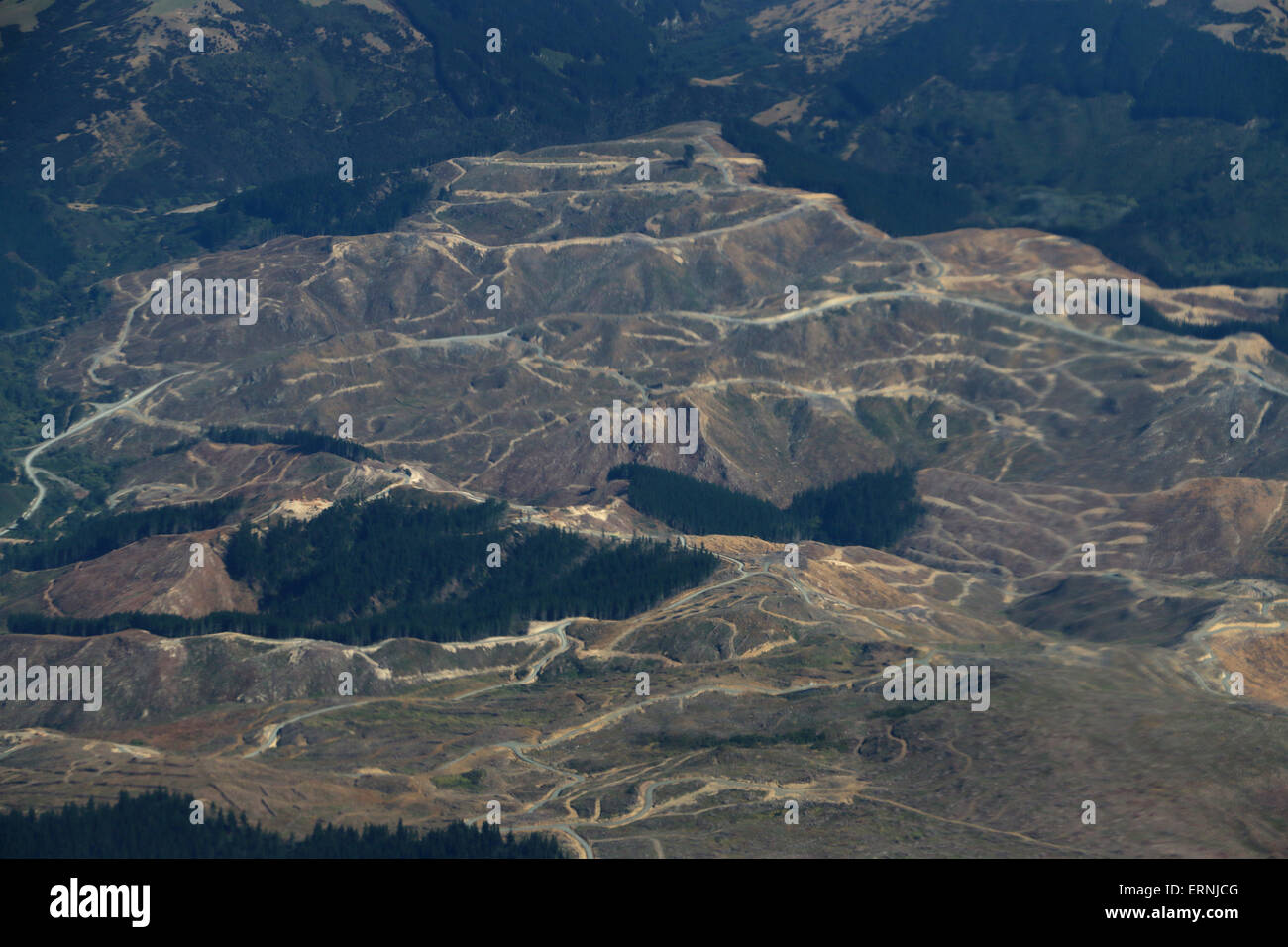 Aerial of logging areas south island New Zealand Stock Photo