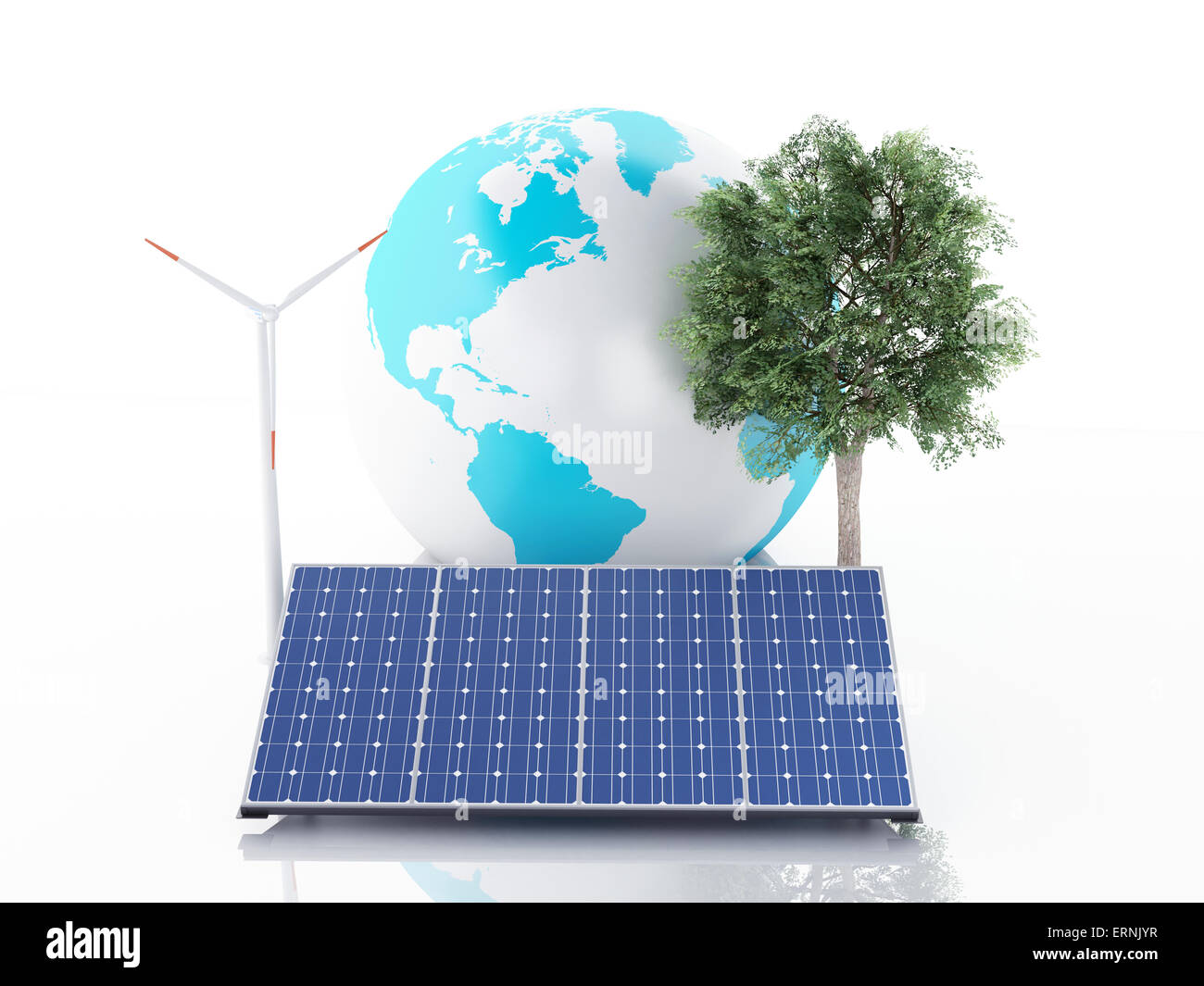 3d image. Earth globe with wind turbines and solar panels, alternative ...