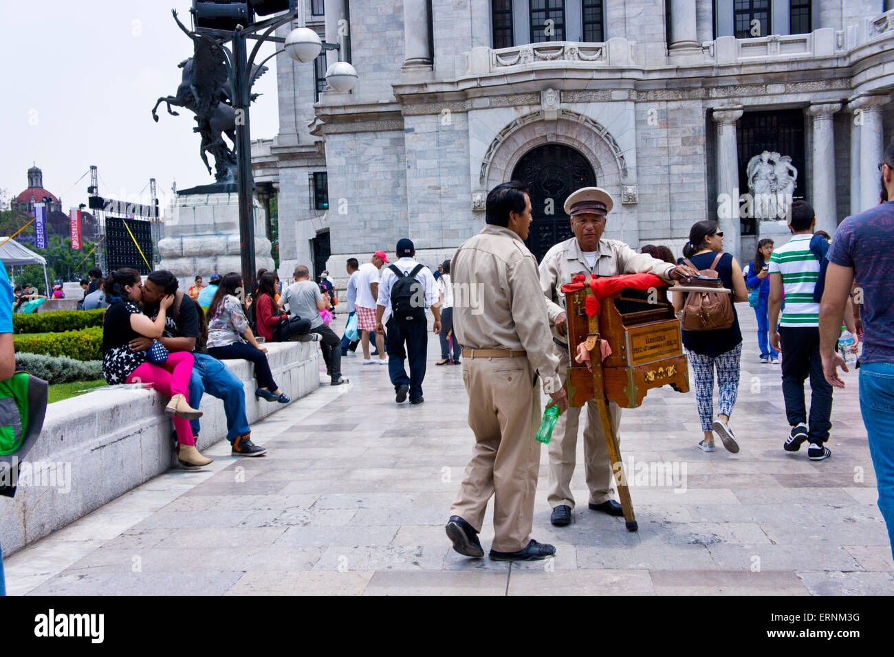 Mexico City, Mexico, May 16, 2015: Organ players entertaining tourists and passer byers in Mexico City, Mexico. Stock Photo