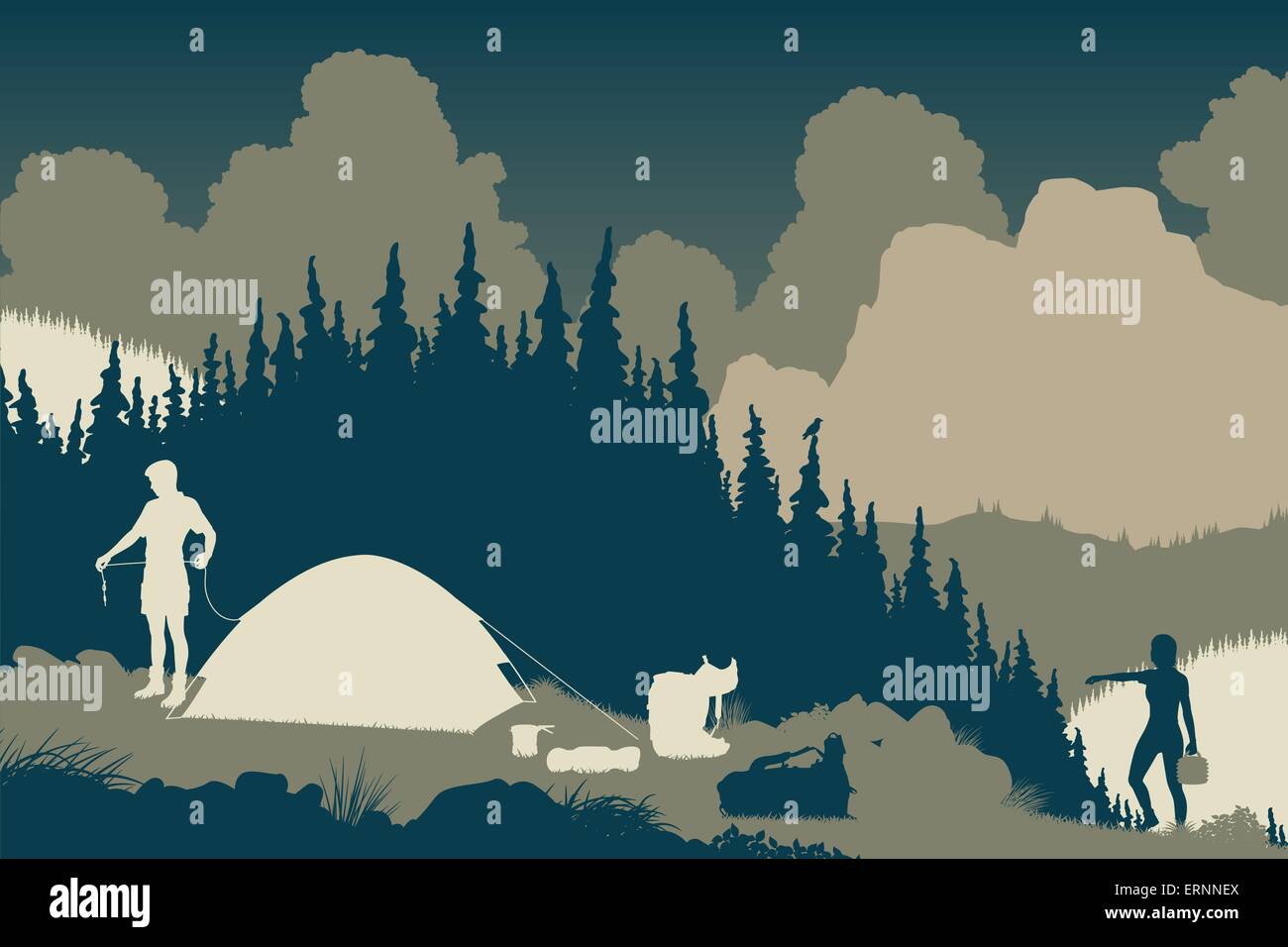 EPS8 editable vector illustration of a couple setting up camp in a wilderness area Stock Vector