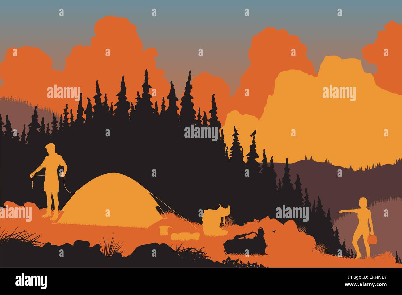 EPS8 editable vector illustration of a couple setting up camp in a wilderness area at dusk Stock Vector