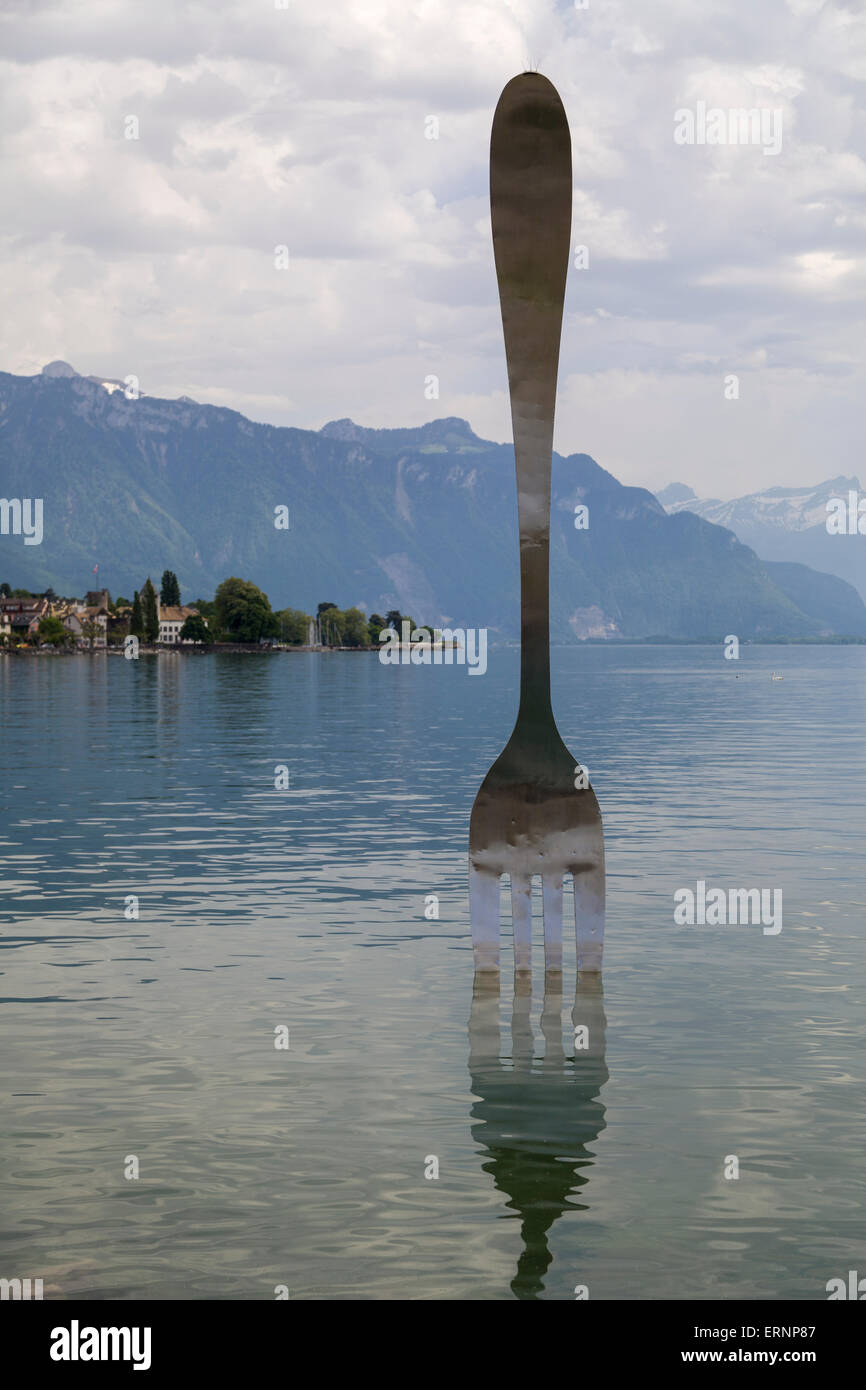 The Fork an art installation in the Lake Geneva at Vevey, Switzerland