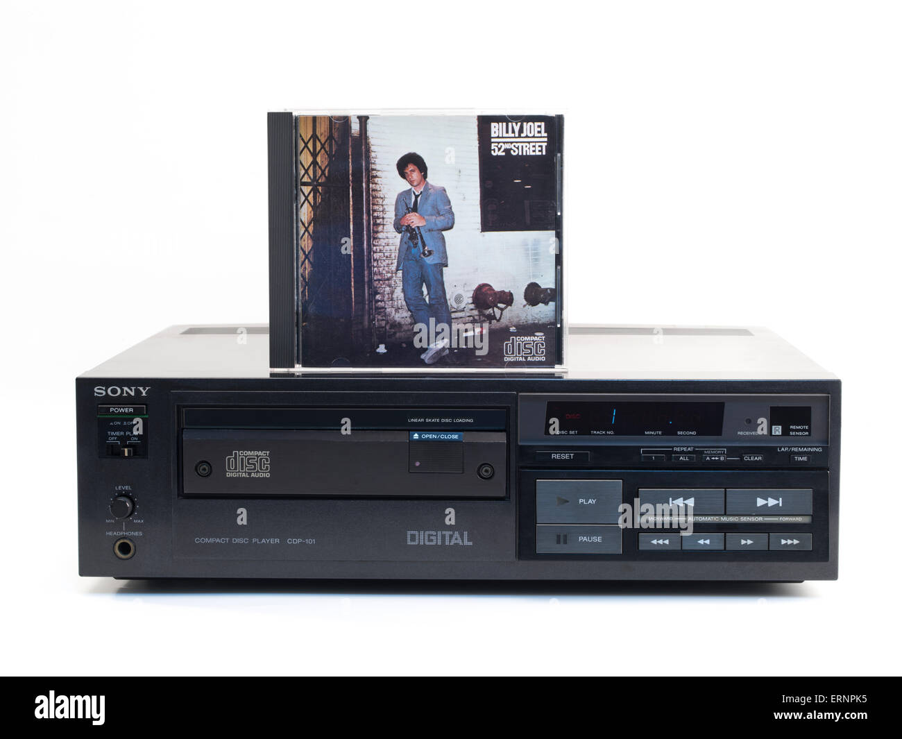Sony CDP-101 , world's first commercially released compact disc player. Billy Joel's  52nd Street.  first CD released 1982 Stock Photo