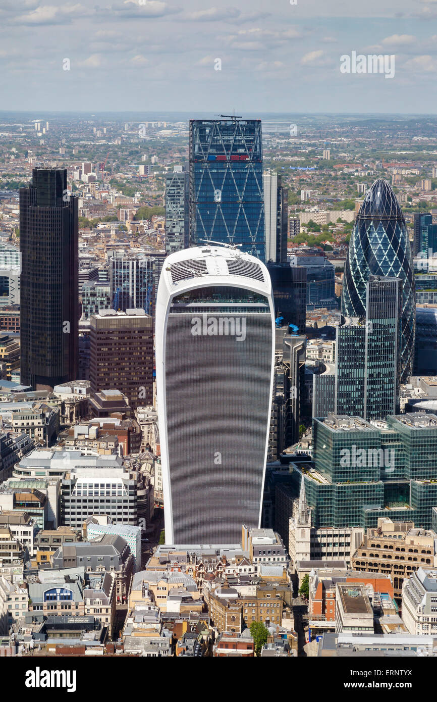 View across to the Walkie-Talkie and The Gherkin on the Northbank, London, UK, from The Shard. Stock Photo