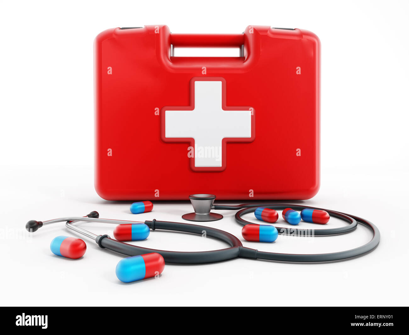 First aid kit, stethoscope and pills isolated on white background Stock Photo Alamy