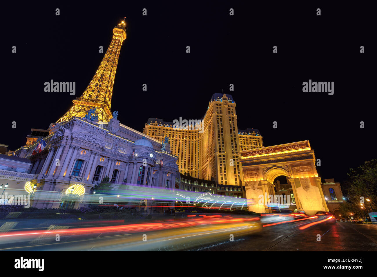 The Paris Las Vegas hotel and casino, replica of the Eiffel Tower and Arch of Triumph of the Star. Stock Photo