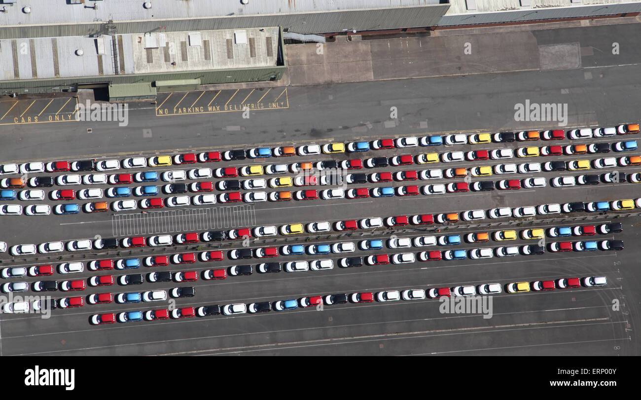 aerial view of new motor cars outside the Longbridge factory in Birmingham Stock Photo