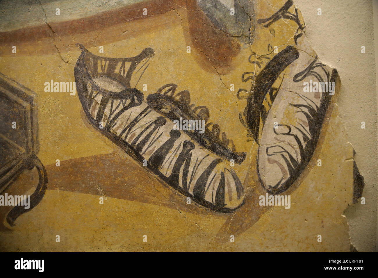 Roman era. Mural painting. Detail sandals (caligae or calceus). Rome. Italy. Stock Photo