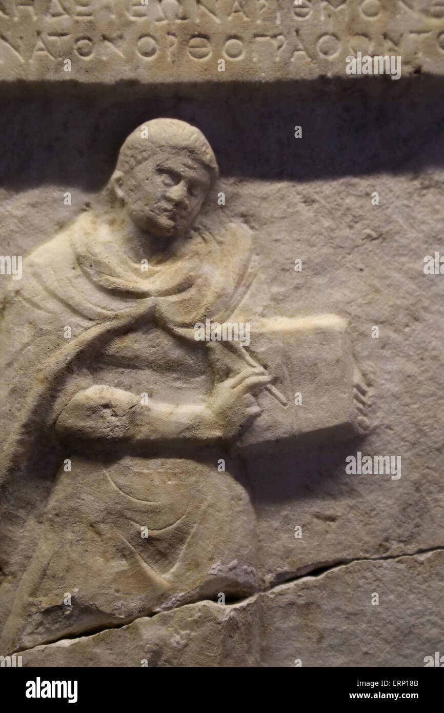 Stele of Timocrates, 'a scribe capable or writing correctly'. From Athens. Marble. 2nd century AD. Athens,Greece. Stock Photo