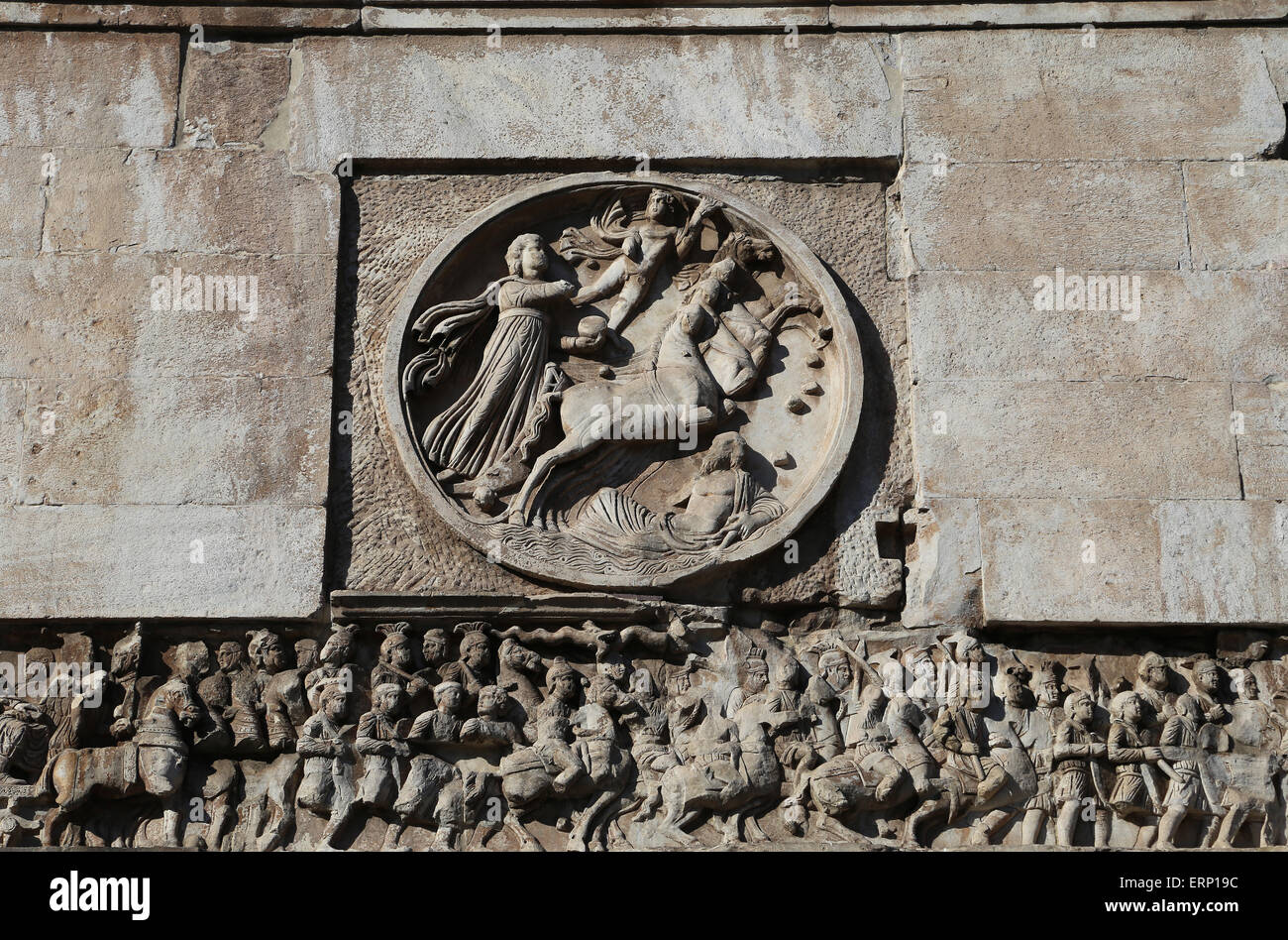 Arch of Constantine. 4th C. East Medalion Frieze. Chariot of Apollo (Sun God) rising from the sea. The frieze show Constantine's Stock Photo