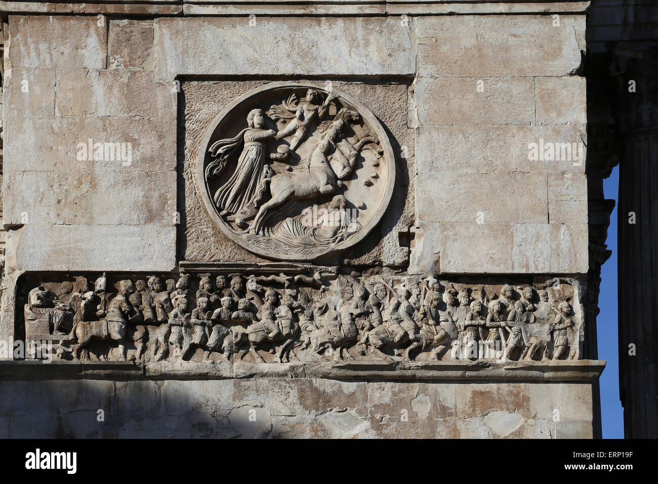 Arch of Constantine. 4th C. East Medalion Frieze. Chariot of Apollo (Sun God) rising from the sea. The frieze show Constantine's Stock Photo