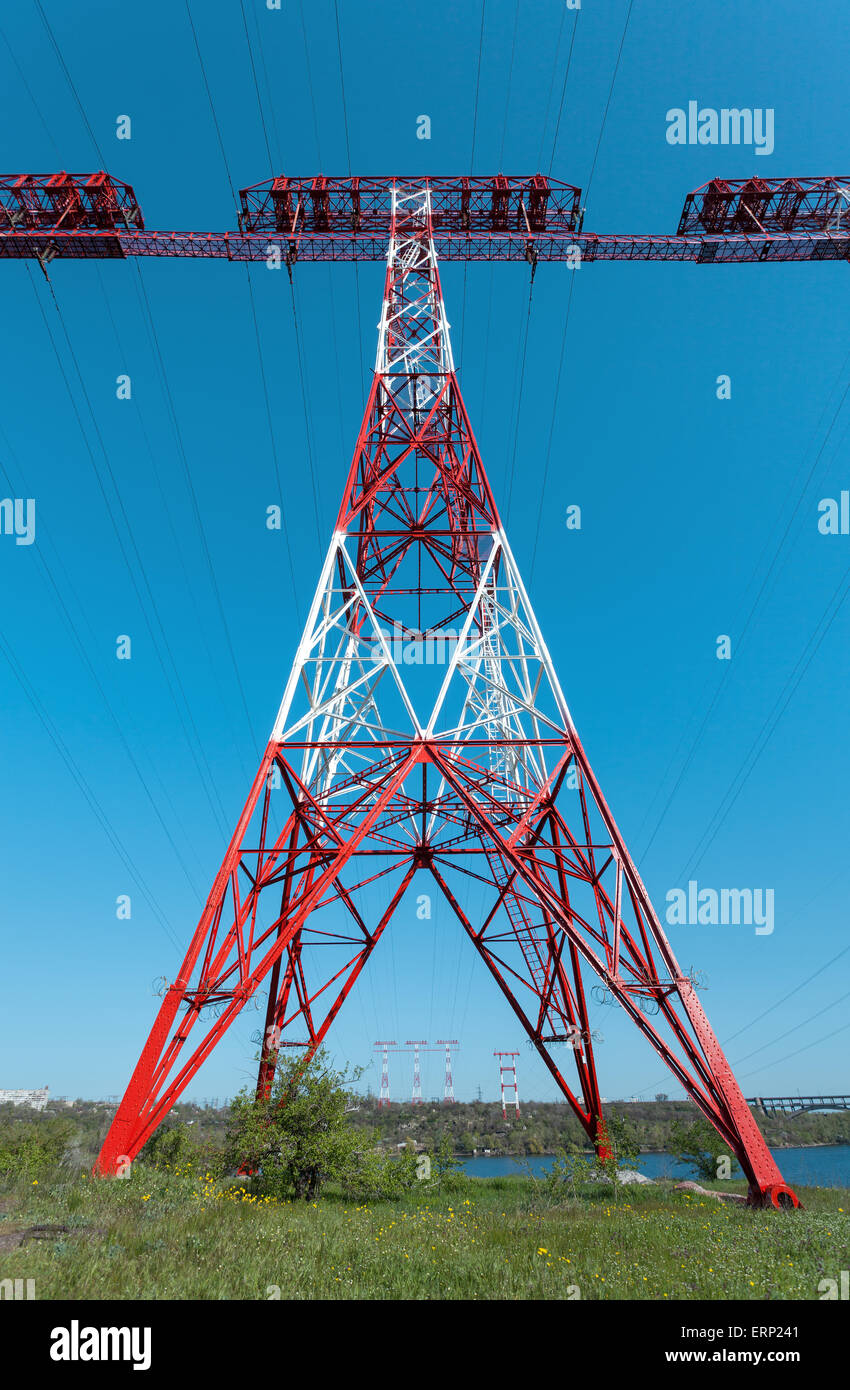 high voltage post.High-voltage tower sky background Stock Photo - Alamy