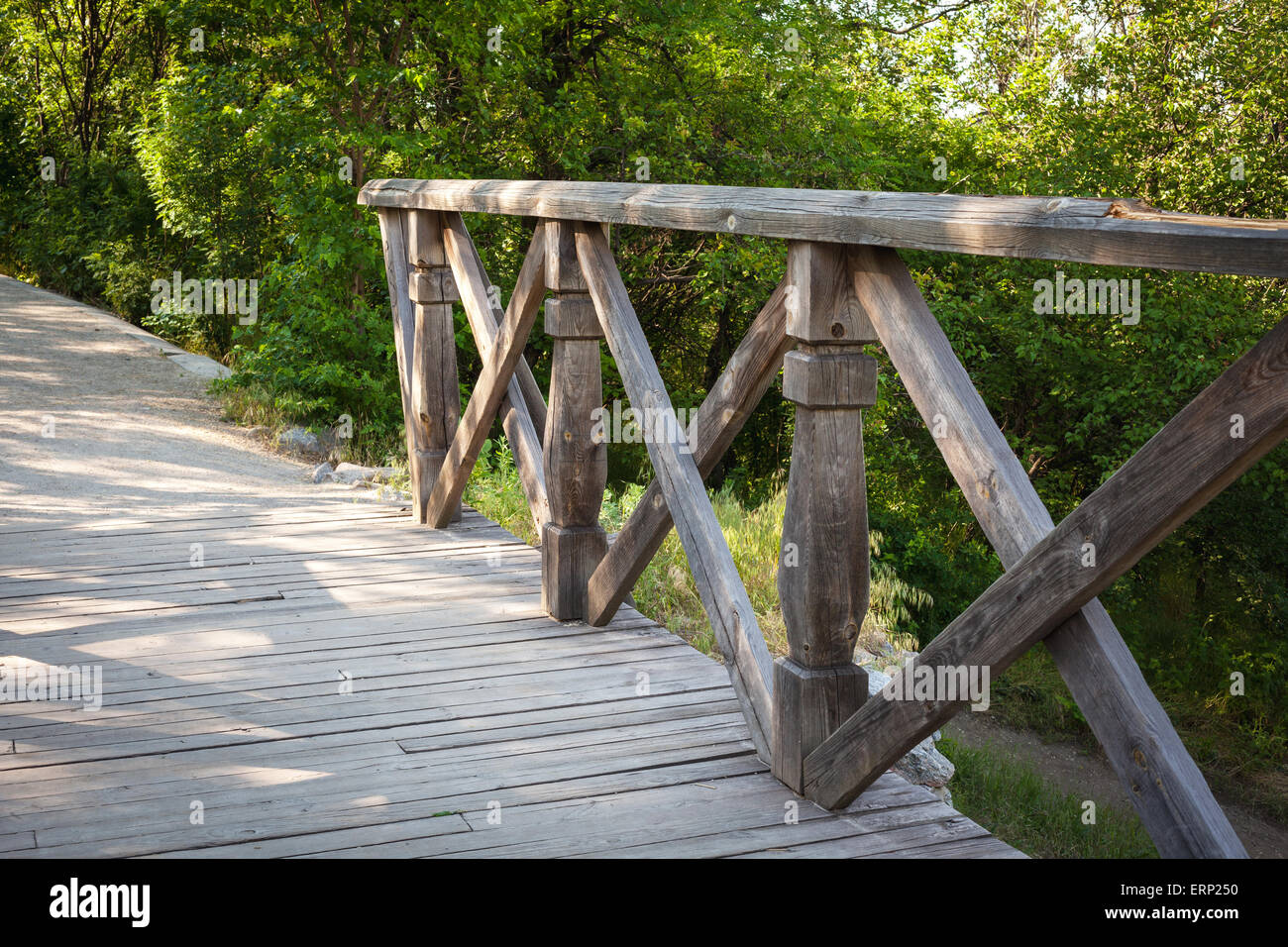 Wooden bridge In forest. Background for design Stock Photo