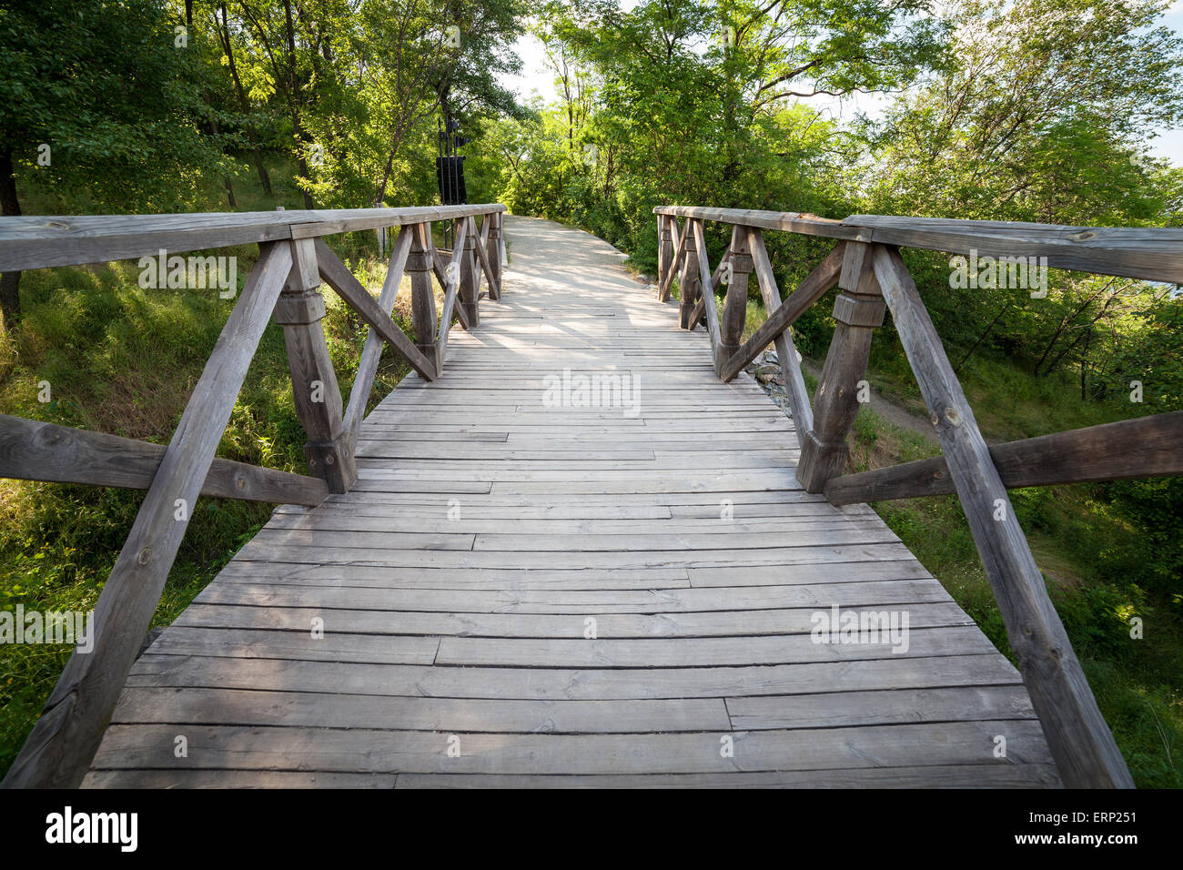 Wooden bridge In forest. Background for design Stock Photo
