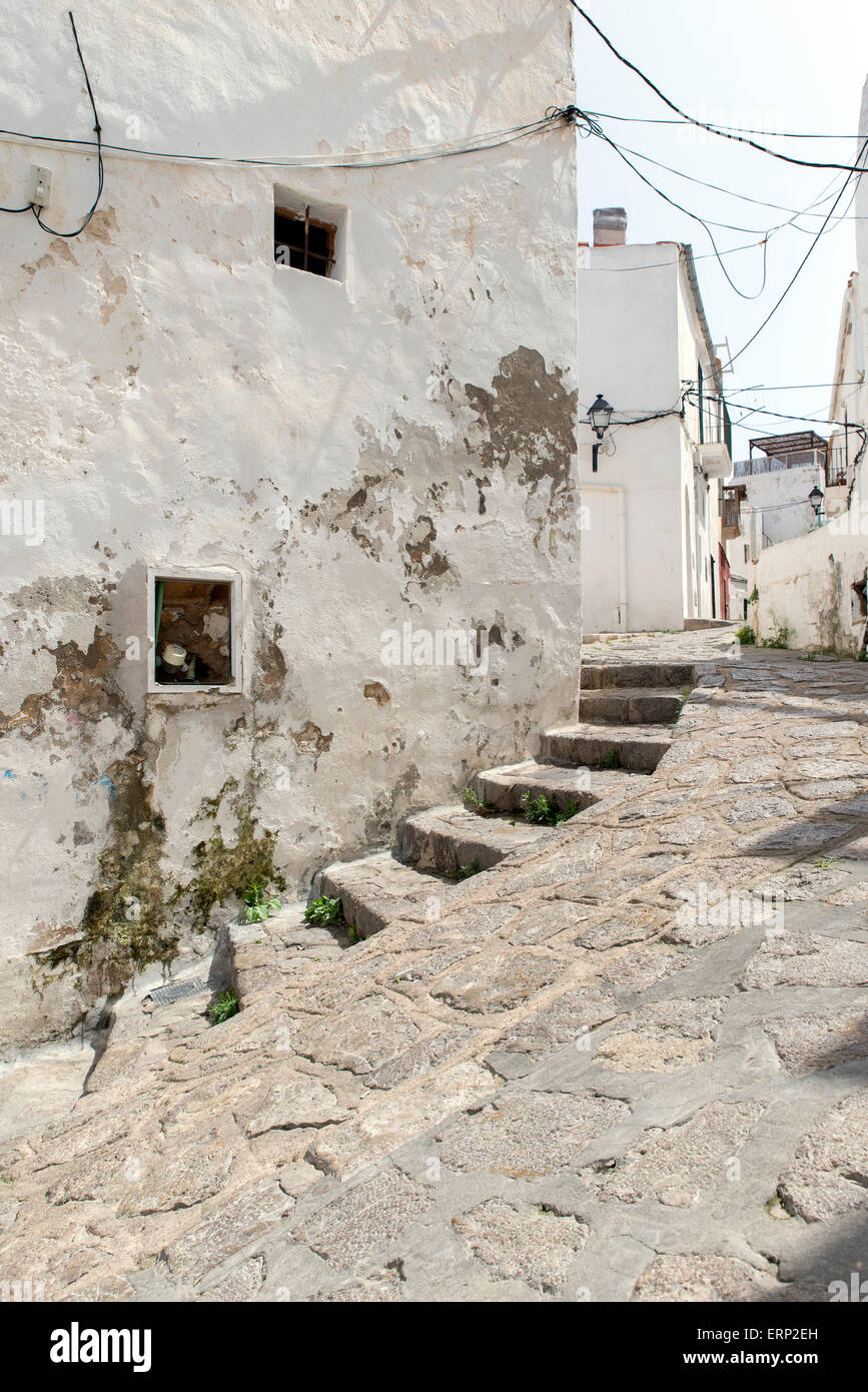 A typical corner of the old town of Ibiza, with its steep streets and whitewashed houses Stock Photo