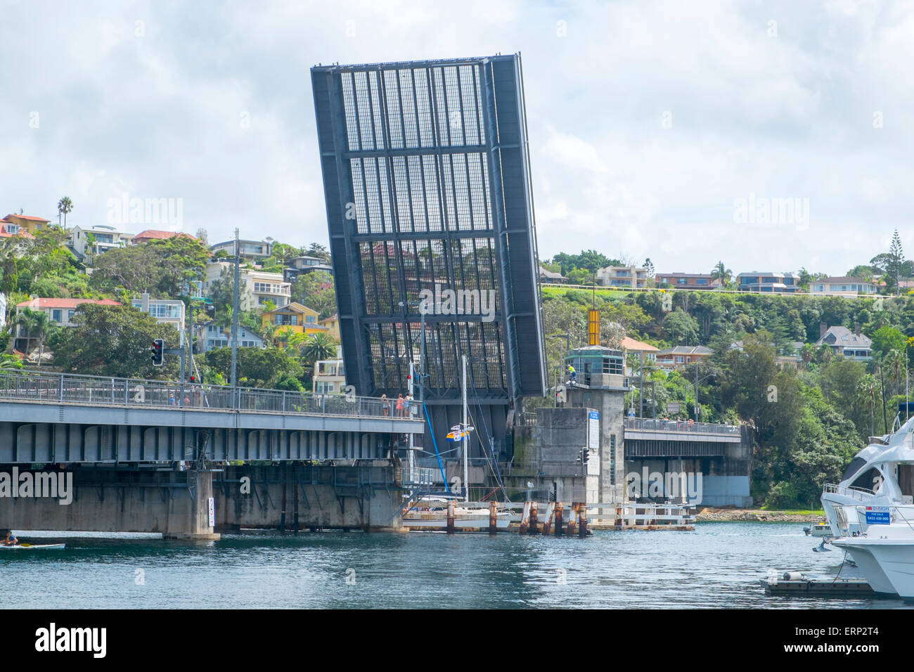 The Spit Bridge, a steel and concrete girder bridge with a bascule lift span across the Middle Harbour, Sydney,Australia Stock Photo