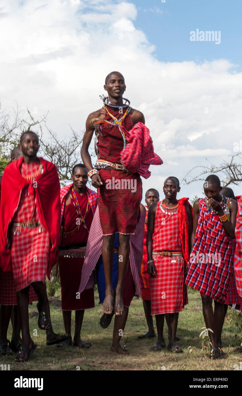 Traditional jumping dance Maasai people Mara Naboisho conservancy Kenya Africa Stock Photo