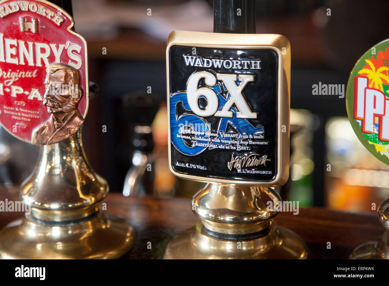 Pub hand pumps for Wadworth 6X real ale beer, Devizes, Wiltshire, England, UK Stock Photo